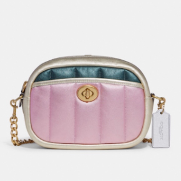 BNWT COACH Small Camera Bag With Colorblock Quilting Metallic Pink Multi AUTHENT - Picture 1 of 7